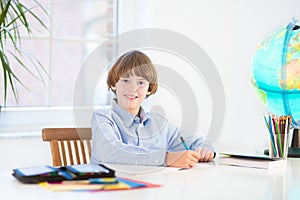 Smiling school boy doing his homework