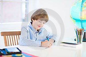 Smiling school boy doing his homework