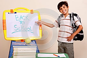 Smiling school boy pointing at white board