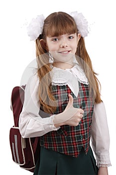 Smiling school girl. Education. OK sign.