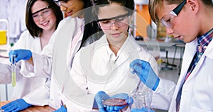 Smiling school kids doing a chemical experiment in laboratory