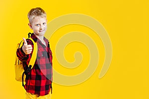 Schoolboy holding backpack  on yellow