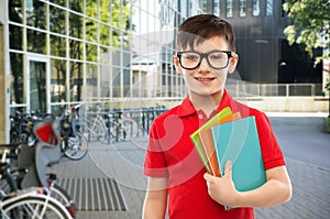 Smiling schoolboy in glasses with books