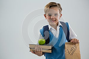 Smiling schoolboy holding books and lunch paper bag