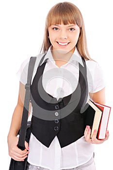 Smiling schoolgirl with portfolio and textbooks