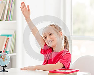 Smiling schoolgirl raising hand during lesson