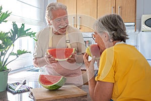 Smiling senior caucasian couple in home kitchen holding a slice of red fresh watermelon - hydratation, freshness, diet and healthy photo