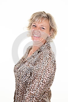 Smiling senior caucasian woman portrait blond happy on white background