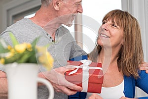 Smiling senior couple exchanging gift