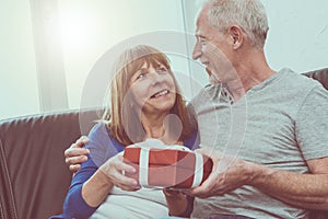 Smiling senior couple exchanging gift