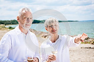 smiling senior couple holding wine glasses with wine and looking away at beach.