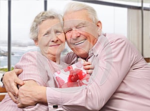 Smiling senior couple hugging