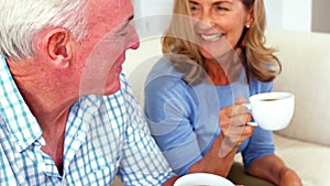 Smiling senior couple interacting while having cup of coffee in living room