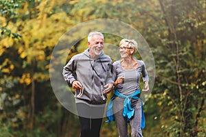 Smiling senior couple jogging in the park