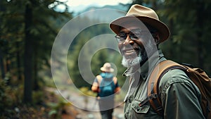 Smiling senior man hiking through the woods