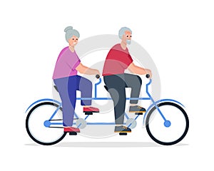 Smiling senior retired elderly couple ride tandem bike.
