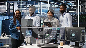 Smiling server hub engineers using AI algorithms and node tree systems