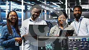 Smiling server hub engineers using AI algorithms and node tree systems