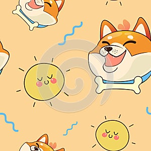 Smiling shiba inu and sun. Cute dog. Seamless colorful pattern