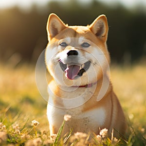 A smiling shibu on a walk in the park. Generative ai