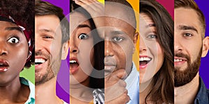 Smiling, shocked, pensive and serious young multiracial people on colorful backgrounds, close up