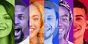 Smiling, shocked young diverse ladies and guys on colorful backgrounds, close up