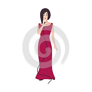 Smiling singer, vocalist or songstress wearing elegant evening dress and holding microphone. Pretty female cartoon