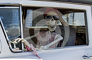 Skeleton in Sunglasses Driving a Car