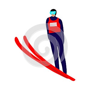 Smiling ski jumper sportsman in the air. Vector illustration in the flat cartoon style