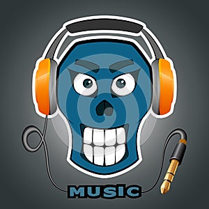 Smiling skull with music on in headsets, headphone