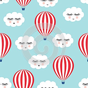 Smiling sleeping clouds and hot air balloons seamless pattern.