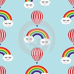 Smiling sleeping clouds, rainbows and hot air balloons seamless pattern.