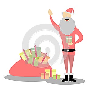 Smiling slim Santa holding a gift and standing next to a bag full of gifts