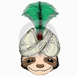 Smiling sloth face, vector portrait of sloth. Animal and wizard hat. Sorcerer and magican