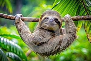 Smiling sloth hangs from branch in jungle
