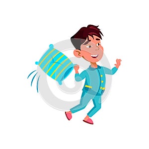 smiling small bay play battle with pillow cartoon vector