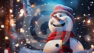 Smiling Snowman Amidst Christmas Lights - Festive Delight - Generative AI