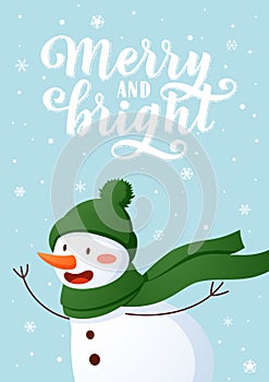 Smiling snowman Christmas character standing on hill background cartoon style illustration with hand drawn lettering.