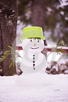 Smiling snowman with green hat