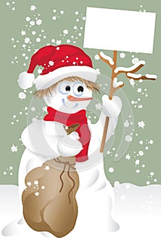 Smiling snowman with greeting card