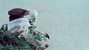 Smiling snowman head with a hat on a cream background