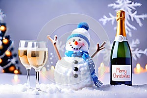 Smiling snowman merry christmas champagne, happy new year