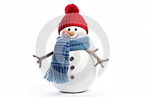 Smiling snowman with red woolly hat and blue scarf on white background.