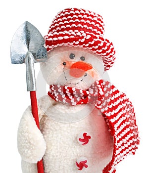 Smiling snowman toy with shovel