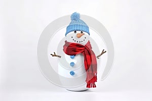 Smiling snowperson with wool buttons, hat and scarf.