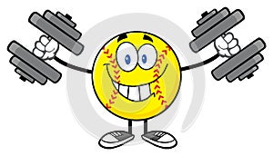 Smiling Softball Cartoon Mascot Character Working Out With Dumbbells