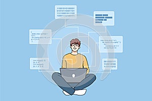Smiling software engineer writing codes on computer