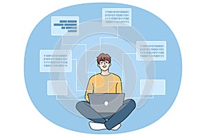 Smiling software engineer writing codes on computer