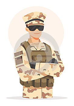 Smiling soldier in camouflage uniform with sunglasses. Military person standing confidently, arms crossed. Pride and