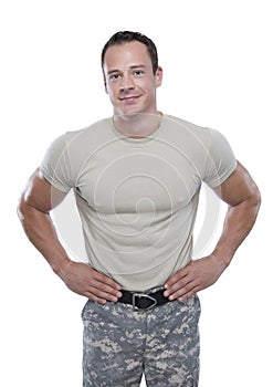 Smiling Soldier with hands on hips